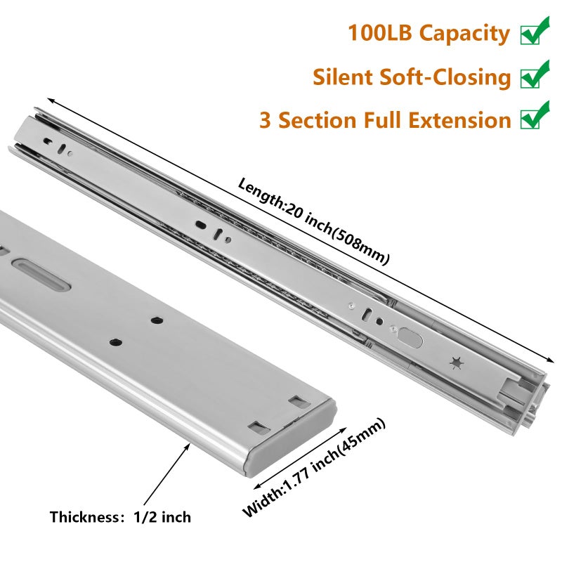 LONTAN 1 Pair Soft Close Drawer Slides 20 Inch Full Extension and Ball Bearing Cabinet Drawer Glides Side Mount Heavy Duty Dresser Rails 100lb Capacity - Image 2